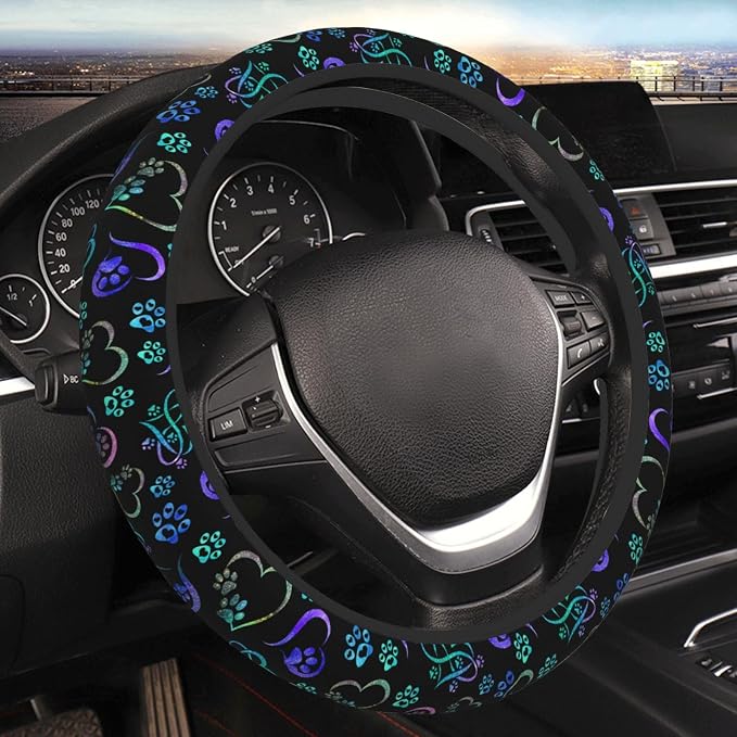 Paw Print Heart Print Steering Wheel Cover Anti-Slip,Sweat Absorption Universal 15 inch Steering Wheel Covers Cute car Accessories for Men Women