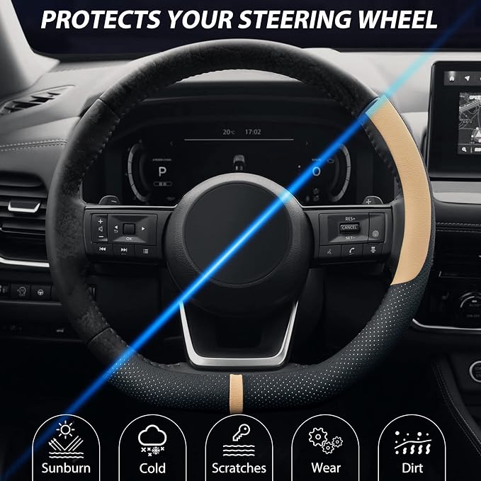 SEG Direct Flat Bottom Steering Wheel Cover Breathable, D Shaped Car Wheel Cover 14 1/2-15 in. (37-39 cm), Black Beige Microfiber Leather