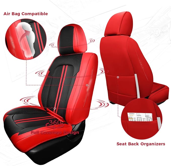 FREESOO Car Seat Covers Full Set, Black Red Waterproof Car Seat Cover, Leather Seat Covers for Trucks, Luxury Car Seat Covers Front Seats and Auto Back, Breathable Car Seat Cushion for Most SUV Cars