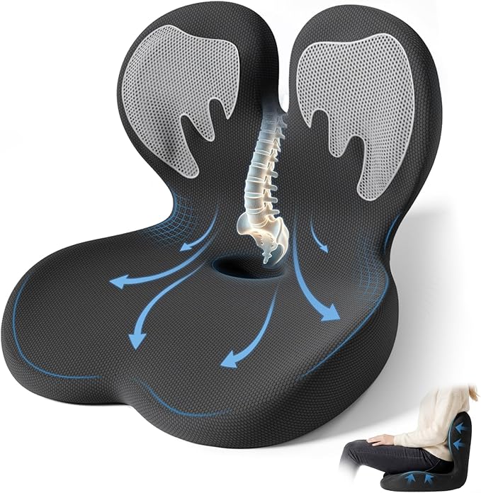 Seat Cushion,Office Chair Cushion with Lumbar Support,Memory Foam Car Orthopedic Cushion,Ergonomic Designed for Long Sitting,Tailbone & Back Pain Relief,Sciatica Pillow for Office,Car,Home Chair