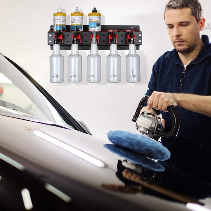 2 Pack Wall Mount Spray Bottle Holder Rack, 10-Hole Garage Organizer with Hooks for Car Detailing, Cleaning Supplies, Beauty Salon Tools - Heavy Duty Metal, Includes Mounting Hardware