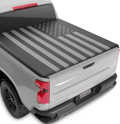 MotorBox Soft Roll-Up Truck Tonneau Cover for Chevy Silverado 1500 / GMC Sierra 1500 (2014-2018) with 6.6 ft Bed Length, All-Weather Retractable Truck Bed Cover with Black Flag Graphic
