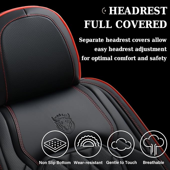 Coverado Car Seat Covers Full Set, Luxury Faux Leather Waterproof Seat Covers, Black Car Seat Covers, Universal Car Seat Protector Leather Car Seat Cushion, Carseat Cover Fit Most Cars, Black&Red