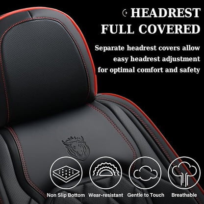 Coverado Car Seat Covers Full Set, Luxury Faux Leather Waterproof Seat Covers, Black Car Seat Covers, Universal Car Seat Protector Leather Car Seat Cushion, Carseat Cover Fit Most Cars, Black&Red