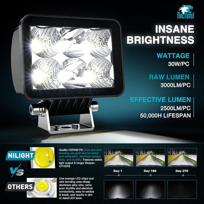 Nilight LED Pod Lights 2 PCS 3.3 Inch 6LED Spot Flood Combo Beam Square Offroad Driving Work Side Ditch Light Built-in EMC for Tractor Truck Motorcycle Boat ATV
