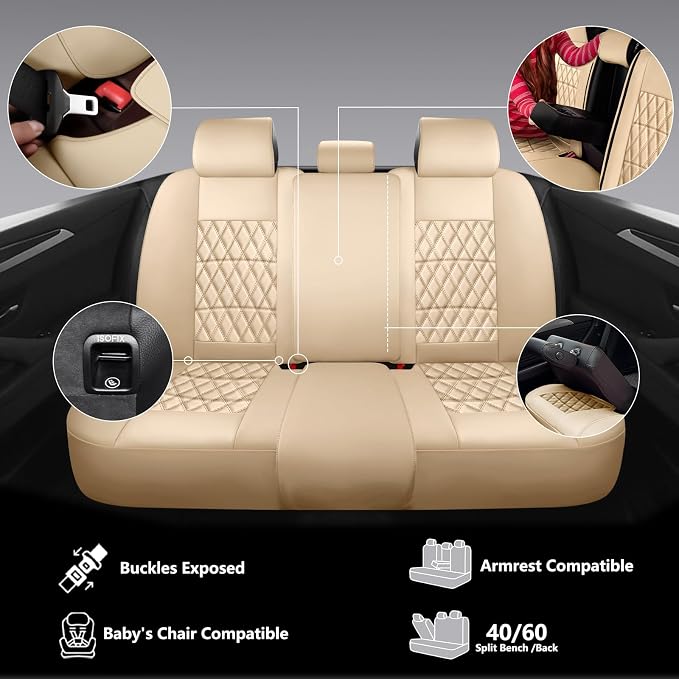 NS YOLO Leather Car Seat Covers,Universal Fit for Most Cars,SUVs and Sedans,Waterproof Luxury Leatherette Cushions, 5 Seats Protectors (Beige, Full Set-5 Seats(Front and Rear))