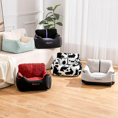 BurgeonNest Dog Car Seat for Small Dogs, Detachable and Washable Cat Carseats Under 25 lbs, Soft Pet Booster Seats with Storage Pockets and Clip-On Leash Portable Car Travel Carrier Bed, Milk Cow