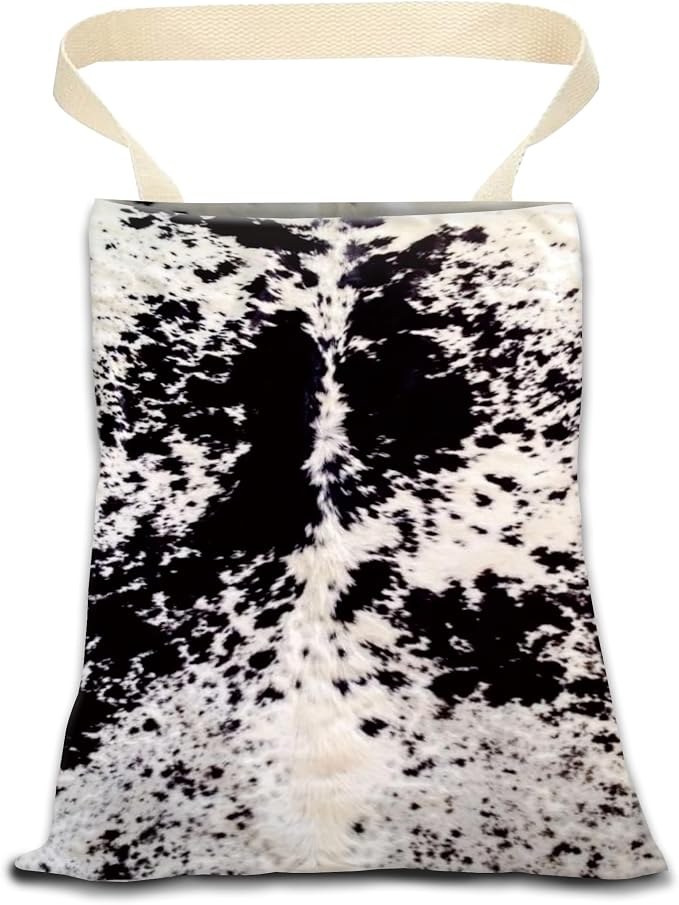Hanging Car Trash Can Bag - Black & White Cowhide, Retro Design, Back Seat Organizer for Travel, Camping & Vehicle Accessories