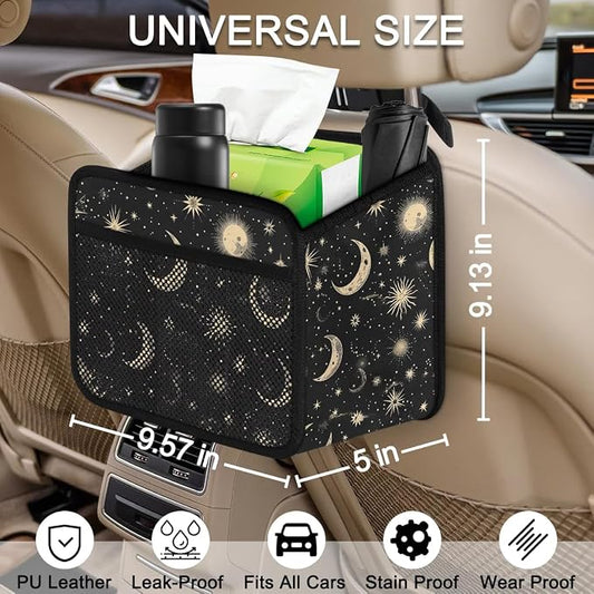 Car Backseat Organizer, PU Leather Back of Seat Car Hanging Organizer with Pockets Leakproof Car Garbage Bag Hanging Car Seat Storage Box Travel Accessories Foldable (Moon & Stars Black)