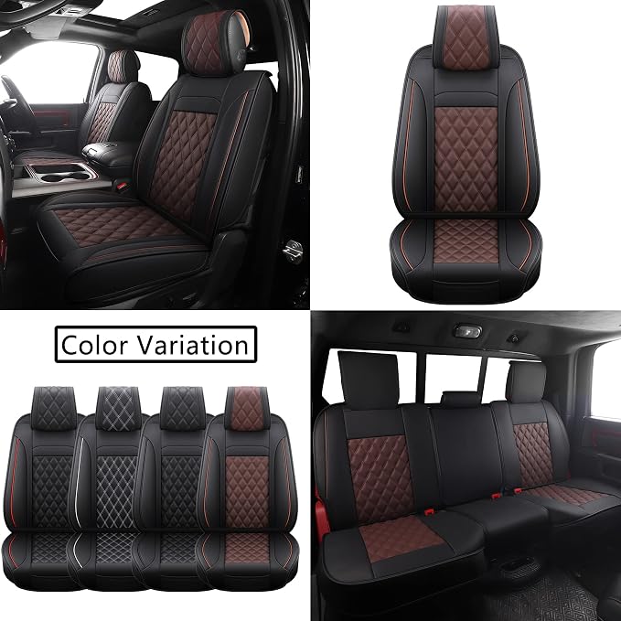 JOJOBAY Car Seat Covers for Dodge Ram,Fit 2009-2025 1500/2500/3500 HD Pick-up Truck,Crew,Regular,Quad,Mega Cab,Waterproof Synthetic Leather Seat Covers(5PCS-Full Set,Black-Brown)