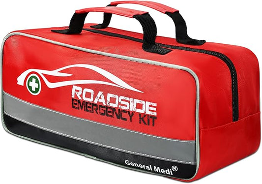 General Medi 127-Pieces Roadside Car Emergency Kit Include Mini First Aid Kit, Jumper Cables,Tow Rope, Bandage, Safety Vest, Emergency Triangle, All in One Pack