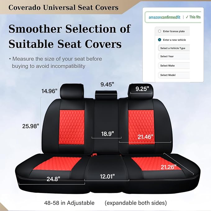 Coverado Leather Rear Seat Covers for Cars, Waterproof Back Seat Cover, Universal Automotive Seat Cushion Protector for Most Cars Trucks SUV (Black & Red Line)