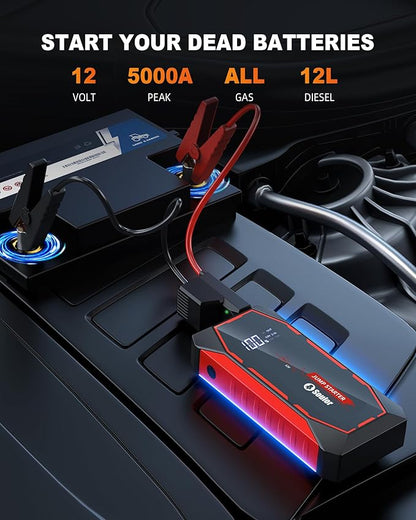 Jump Starter, 5000A Battery Jumper Starter Portable, Car Battery Jump Starter, Power Booster Pack 12V Lithium Jump Box with Jumper Cable and LED Lights (All Gas / 12L Diesel Engines)