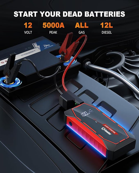 Jump Starter, 5000A Battery Jumper Starter Portable, Car Battery Jump Starter, Power Booster Pack 12V Lithium Jump Box with Jumper Cable and LED Lights (All Gas / 12L Diesel Engines)