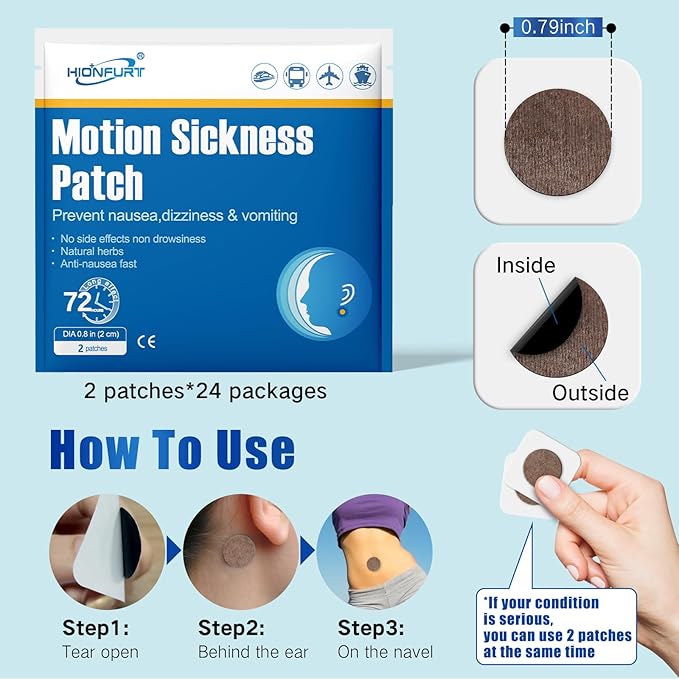 Hionfurt 48ct Motion Sickness Patches – Sea Sickness Patches for Cruise, Car, Airplane, and Other Travel – Non-Drowsy, Effective, Lasts 72 Hours