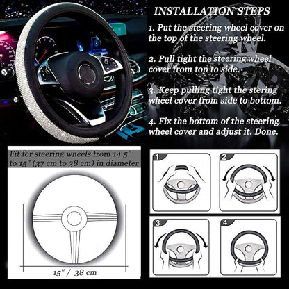 New Diamond Leather Steering Wheel Cover with Bling Bling Crystal Rhinestones, Universal Fit 15 Inch Car Wheel Protector for Women Girls Black