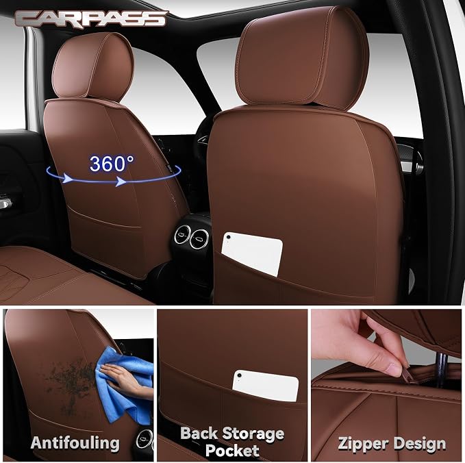 CAR PASS Luxury Nappa Leather Seat Covers Full Set, 3D Rhombus Waterproof Faux Leather Seat Covers, Universal Automotive Seat Cushion Fit for Most Sedan SUV Truck Van, Armrest Airbag Compatible Brown