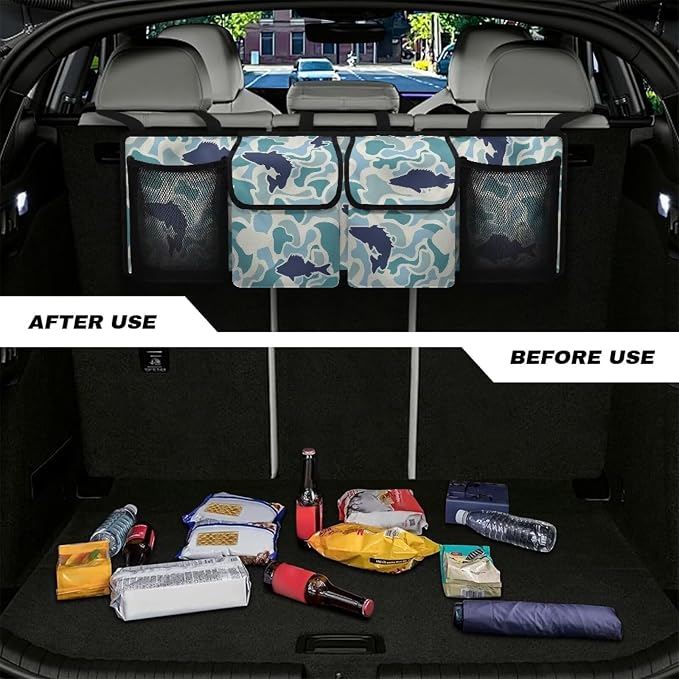 Fish Hunter Camo Car Trunk Organizer Space Saving Hanging Automotive Back Seat Organizers Storage Bag with 4 Pocekts Car Accessories Interior for Most Cars,SUV,Sedan