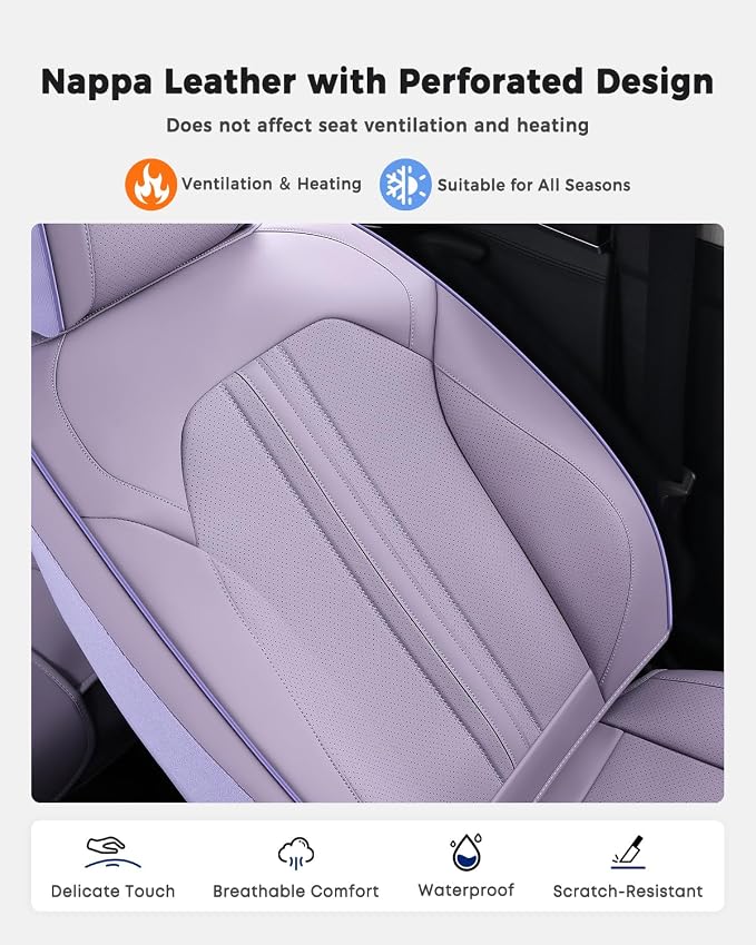 Huidasource Purple Seat Covers, Luxury Faux Leather Car Seat Covers, Velcro Adjustable, with Airbags, Child Seat, Perforation Cooling＆Heating, Universal Fit for Most Cars, Vans, Trucks, SUVs, Purple