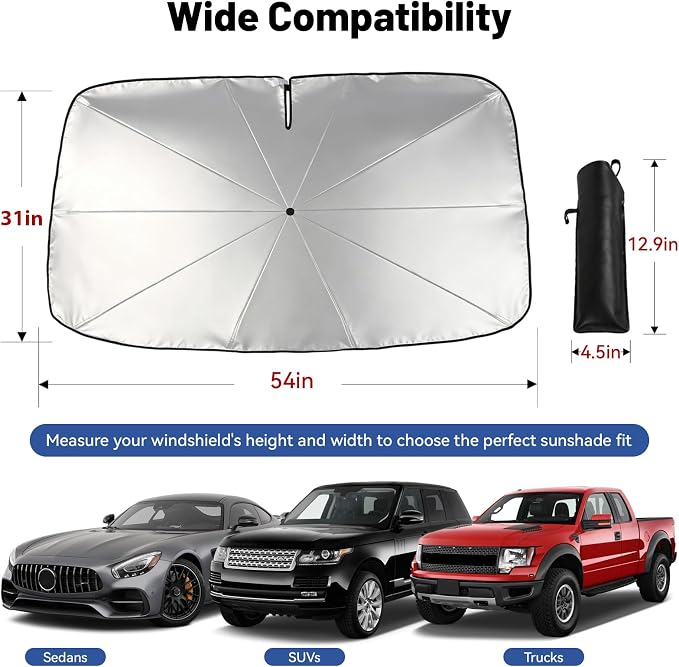 Foldable Car Windshield Sun Shade Umbrella with Rearview Mirror Notch, Titanium Silver UV Blocker for Heat Reduction, Bendable Handle & Anti-Scratch Tips, Fits Sedan Compact SUV (Medium 54"x31")
