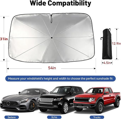 Foldable Car Windshield Sun Shade Umbrella with Rearview Mirror Notch, Titanium Silver UV Blocker for Heat Reduction, Bendable Handle & Anti-Scratch Tips, Fits Sedan Compact SUV (Medium 54"x31")