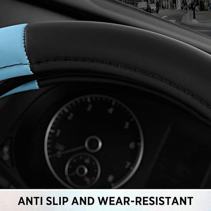 Road Comfort Leather Steering Wheel Cover – Premium Anti-Slip Car Steering Wheel Grip Cover – Universal Fit for 14.5”–15” Cars, Trucks & SUVs - Blue