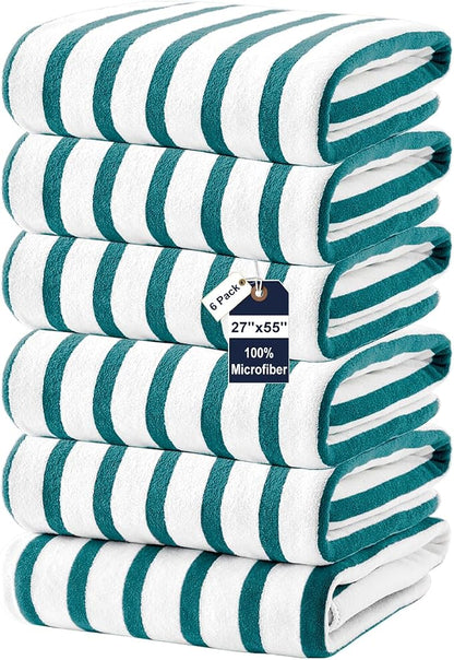 JML Microfiber Beach Towels, 6 Pack, 27" x 55", Large Bath Towel Set for Adult- Cabana Stripe - Absorbent, Quick Drying Lint-Free, No Fading for Summer Party, Pool, Sport, Yoga, Swimming, Dark Green