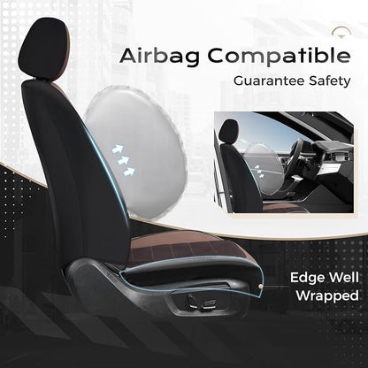 Coverado Leather and Air Mesh Seat Cover, Car Seat Cover Full Set, 3D Breathable Seat Protectors Sports Carbon Fiber Design Airbag Compatible Comfort Universal for Most Cars, Van,Trucks, SUV, Brown
