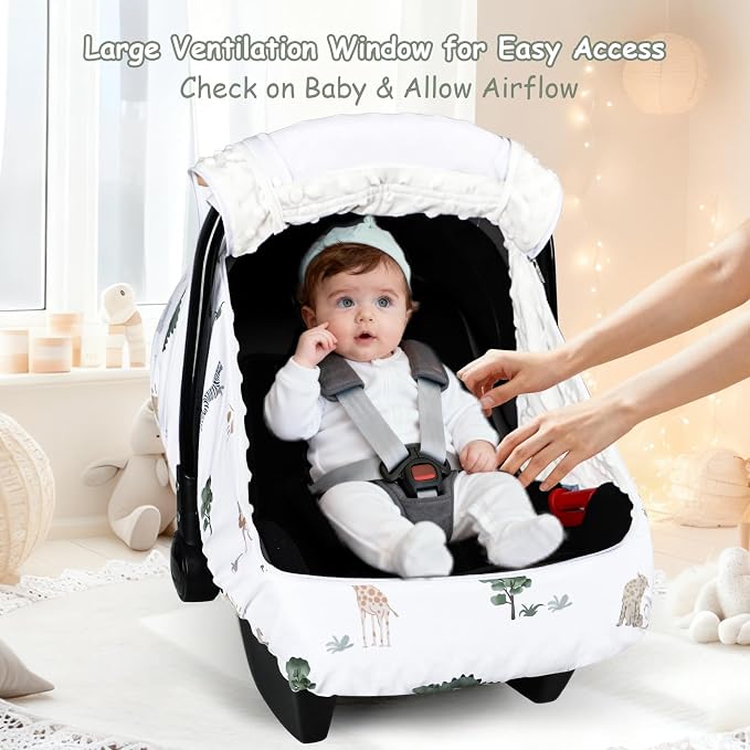 Winter Car Seat Cover Baby with Sunshade & Dual Zipper Windows - Minky Bubble Lined Windproof Soft Shell, Warm Newborn Car Seat Canopy Covers, Elastic Bottom for Stroller & Infant Car Seat, Animal