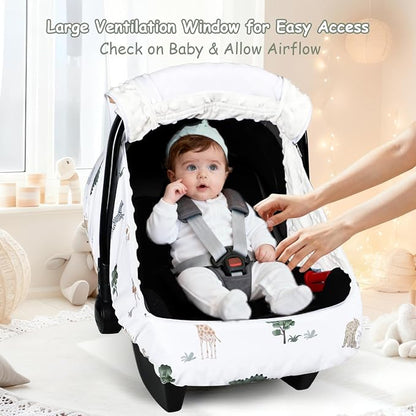 Winter Car Seat Cover Baby with Sunshade & Dual Zipper Windows - Minky Bubble Lined Windproof Soft Shell, Warm Newborn Car Seat Canopy Covers, Elastic Bottom for Stroller & Infant Car Seat, Animal