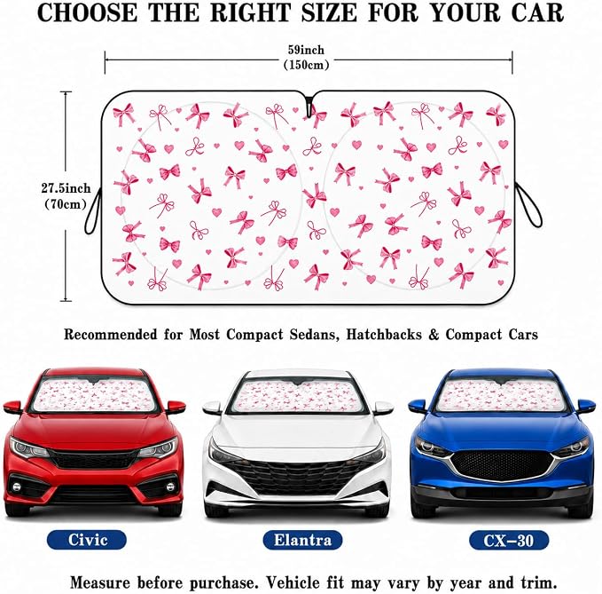Car Windshield Sun Shade with Cute Heart Bow, Foldable Front Window Sunshade Universal Fits Sedan Compact Car Hatchback SUV, UV Heat Protection - 59 x 27.5