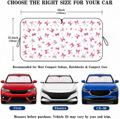 Car Windshield Sun Shade with Cute Heart Bow, Foldable Front Window Sunshade Universal Fits Sedan Compact Car Hatchback SUV, UV Heat Protection - 59 x 27.5