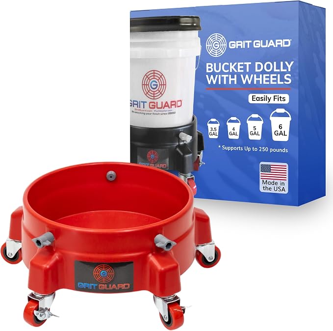 Grit Guard Bucket Dolly with Wheels - Rolling Detailing Wash Bucket with 5 Wheels and 2 Locking Casters Compatible with 2.5, 4, 5 and 6 Gallon Buckets (Red, 2" Red Casters) - Made in the USA