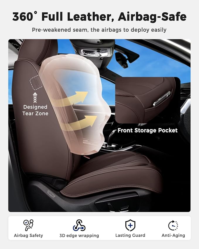 Huidasource Coffee Front Seat Cover Luxury Nappa Leather, Front Car Seat Cover with Airbag, Front Storage Pocket, Lumbar Support, Cooling＆Heating, Universal Fit for Most Cars SUV Trucks, Coffee