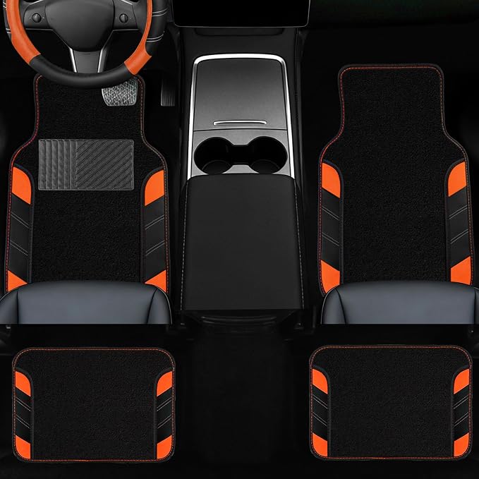 NBTEPEM 10 Pcs Car Floor Mats Full Set & Sport Leather Steering Wheel Cover 14.5-15 inch, Center Console Cover, Seat Belt Cushion, Cup Holder Coaster, Universal Automobile Interior Sets (Orange)