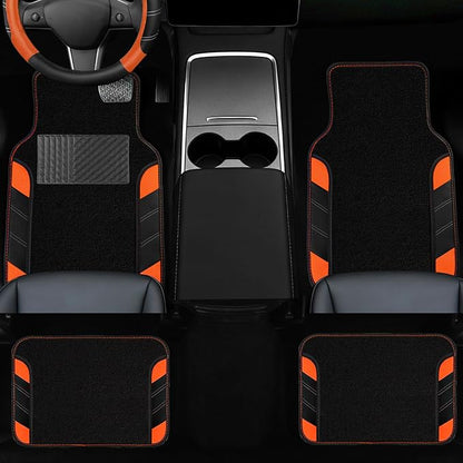 NBTEPEM 10 Pcs Car Floor Mats Full Set & Sport Leather Steering Wheel Cover 14.5-15 inch, Center Console Cover, Seat Belt Cushion, Cup Holder Coaster, Universal Automobile Interior Sets (Orange)