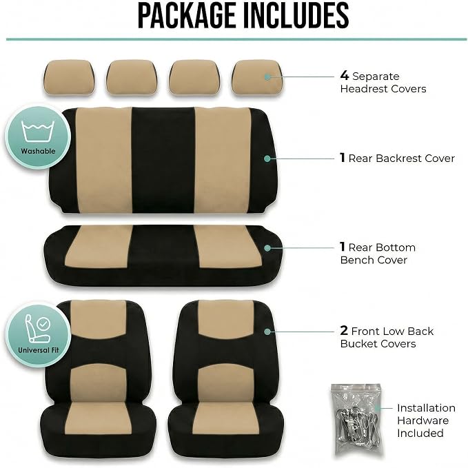 FH Group Automotive Seat Covers Flat Cloth Full Set Beige Combo Small Car Seat Cover Design, Rear Solid Bench Universal Fit and Car Seat Protector for Vans Cars Trucks and SUV Interior Accessories