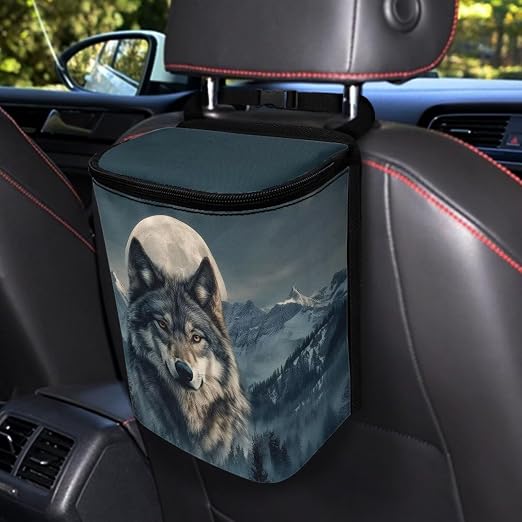 Talayituse Mountain Wolf Moon Print Car Trash Can Portable Auto Garbage Bin Multifunctional Vehicle Interior Accessories with Adjustable Straps Universal Fit Truck SUV Sedan