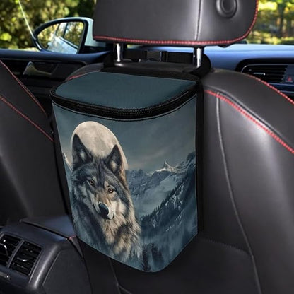 Talayituse Mountain Wolf Moon Print Car Trash Can Portable Auto Garbage Bin Multifunctional Vehicle Interior Accessories with Adjustable Straps Universal Fit Truck SUV Sedan