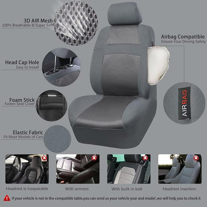 CAR PASS Seat Cover Full Sets, 3D Air Mesh Car Seat Cover with 5mm Composite Sponge Inside,Airbag Compatible Universal Fit for SUV,Vans,sedans, Trucks, Automotive Interior Covers(Pure Gray)