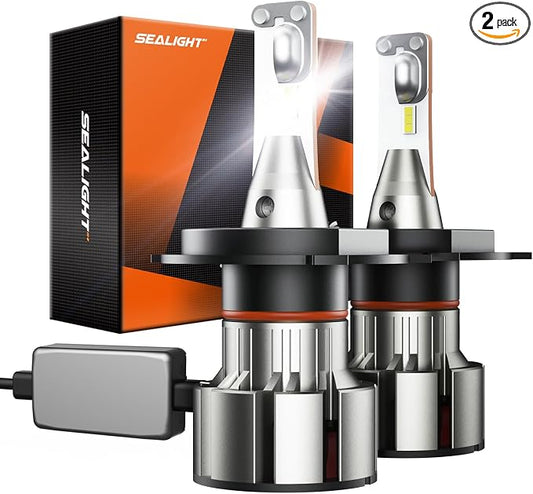 SEALIGHT H4 LED Bulbs, L2 9003 HB2 24,000LM Super Brightness 6000K Cool White Bulbs, IP68 Waterproof, Plug and Play, 15000RPM Turbo Fan, 60000Hrs Lifespan, 1:1 Size Driving Bulbs, Pack of 2