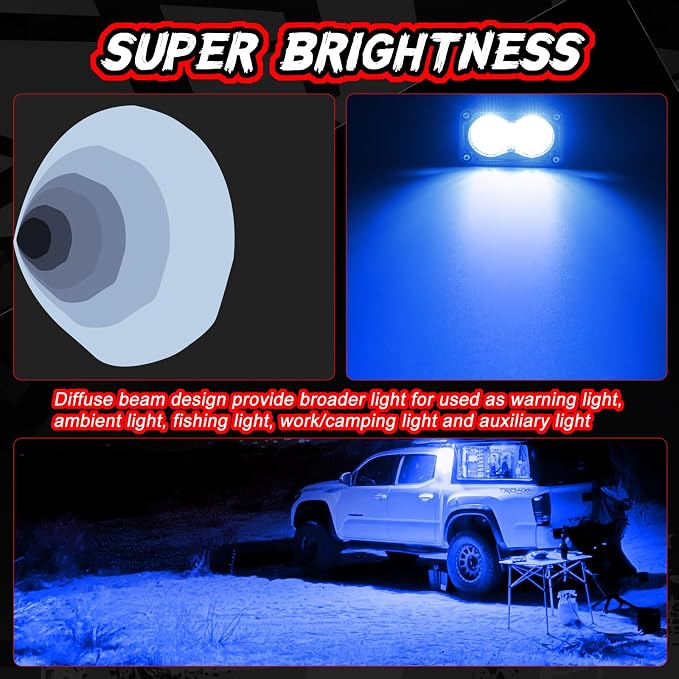3 Inch LED Pod Lights Blue 2PCS Off Road Auxiliary Backup Cube Light Fog Driving Rear Light Bar Blue Hunting Fishing Emergency Safety Signal Work Lights for Truck RV UTV Pickup Boat