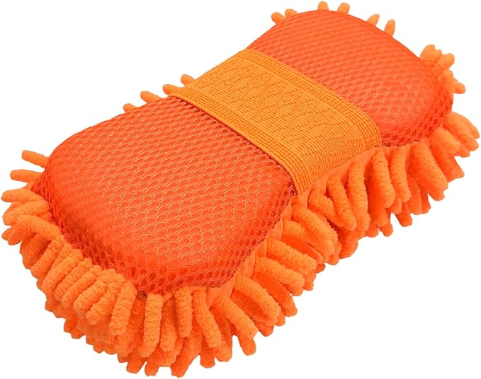 Microfiber Car Wash Sponge, Scratch-Free Vehicle Washing Mitt with Chenille & Mesh Sides, Highly Absorbent Sponge Lint-Free Cleaning Tool for Car Washing & Detailing (Orange)