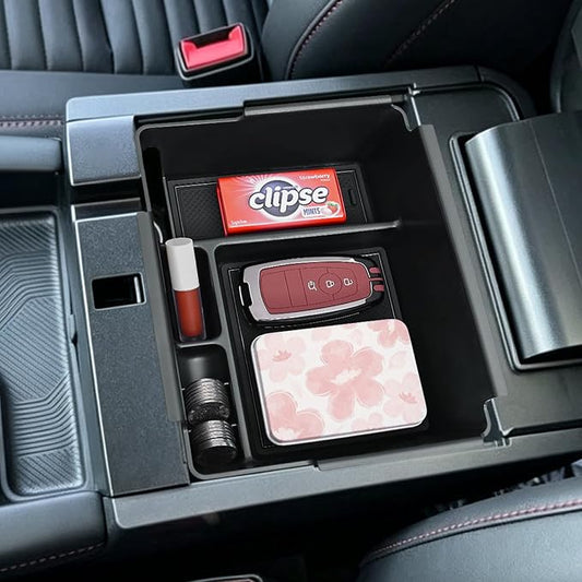 TOPINSTALL 2026 Upgraded Console Tray Compatible with 2026 Ford Explorer Accessories, Deep Armrest Storage Box Center Console Organizer Tray with Coin Holder & Non-Slip Mats, Black Trim