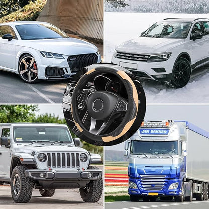 Osilly Car Steering Wheel Cover, 15 inch Carbon Fiber Microfiber PU Leather Elastic Steering Wheel Protector for Men Women, Anti-Slip Breathable Car Interior Accessories for Most Cars (Black/Beige)