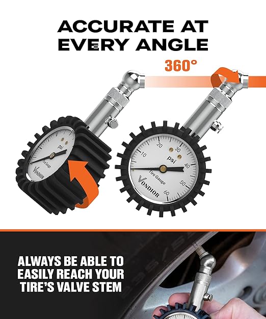 Tire Pressure Gauge - (0-60 PSI) Heavy Duty, Certified ANSI Accurate with Large 2 Inch Easy to Read Glow Dial, Low - High Air Pressure Gauge. Tire Gauge for Car and Trucks Tires by Vondior