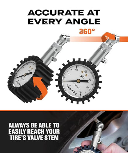 Tire Pressure Gauge - (0-60 PSI) Heavy Duty, Certified ANSI Accurate with Large 2 Inch Easy to Read Glow Dial, Low - High Air Pressure Gauge. Tire Gauge for Car and Trucks Tires by Vondior