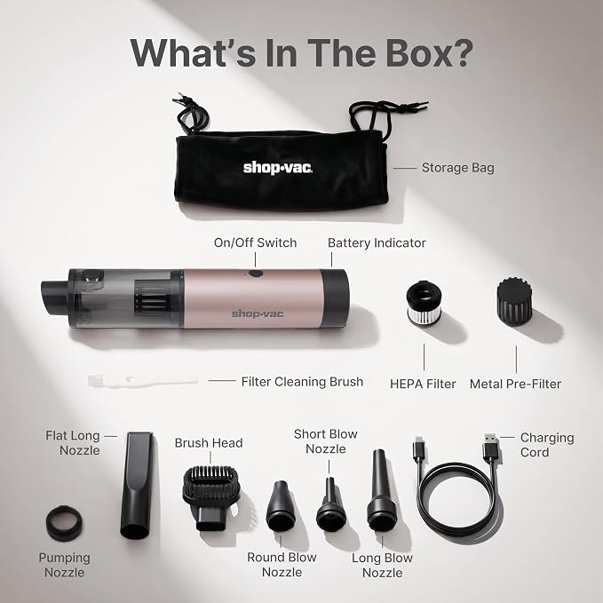 Shop-Vac S4 Mini Car Vacuum Cordless, 15000Pa 4-in-1 Portable Handheld Desk Vacuum & Air Duster with Brushless Motor, LED Light, Multi-Nozzles, 2 Modes, for Car, Office, Keyboard Cleaning (Champagne)