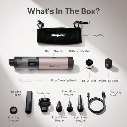 Shop-Vac S4 Mini Car Vacuum Cordless, 15000Pa 4-in-1 Portable Handheld Desk Vacuum & Air Duster with Brushless Motor, LED Light, Multi-Nozzles, 2 Modes, for Car, Office, Keyboard Cleaning (Champagne)