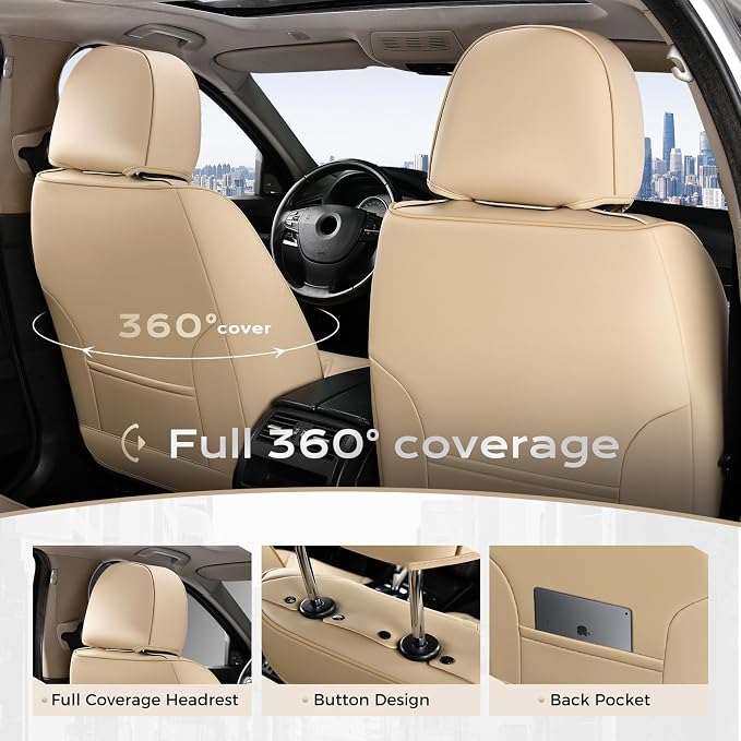 Coverado Car Seat Covers, Front Seat Covers with Lumbar Support, Beige Leather Seat Cover for Cars, Waterproof Car Seat Protector, Automotive Seat Cover Car Seat Cushion Universal Fit for Most Cars